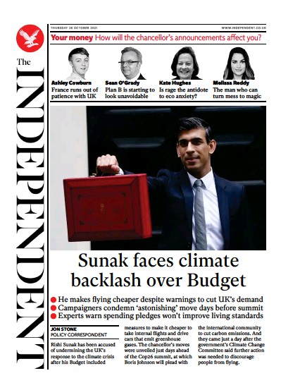 The Independent Newspaper Front Page (UK) for 29 October 2021