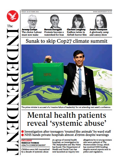 The Independent Newspaper Front Page (UK) for 29 October 2022