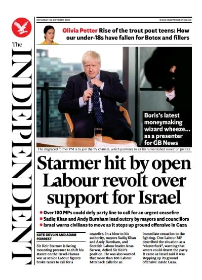 The Independent Newspaper Front Page (UK) for 29 October 2023