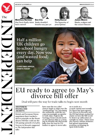 The Independent Newspaper Front Page (UK) for 29 November 2017