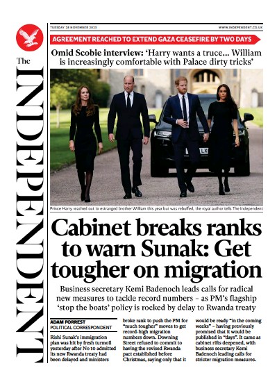 The Independent Newspaper Front Page (UK) for 29 November 2023