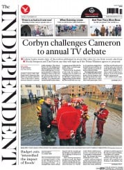 The Independent (UK) Newspaper Front Page for 29 December 2015