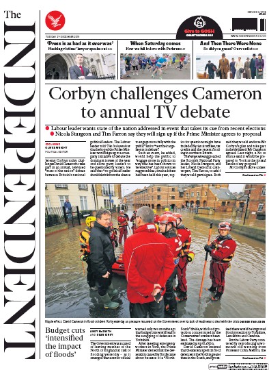 The Independent Newspaper Front Page (UK) for 29 December 2015