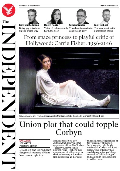 The Independent Newspaper Front Page (UK) for 29 December 2016