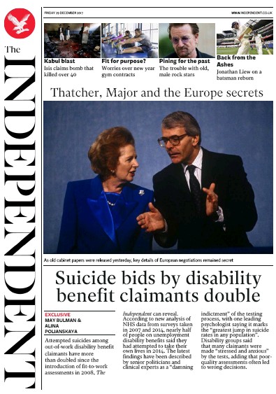 The Independent Newspaper Front Page (UK) for 29 December 2017