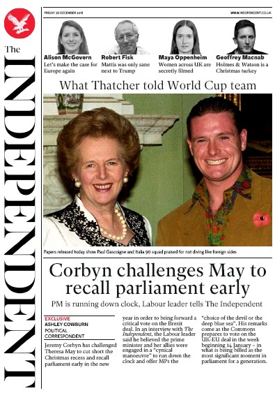 The Independent Newspaper Front Page (UK) for 29 December 2018
