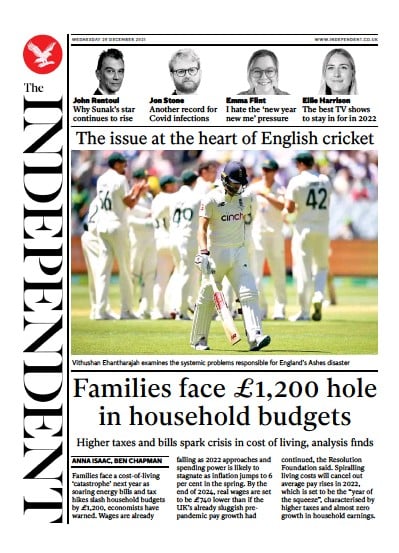 The Independent Newspaper Front Page (UK) for 29 December 2021