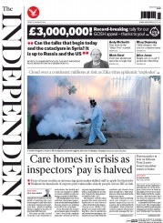 The Independent (UK) Newspaper Front Page for 29 January 2016