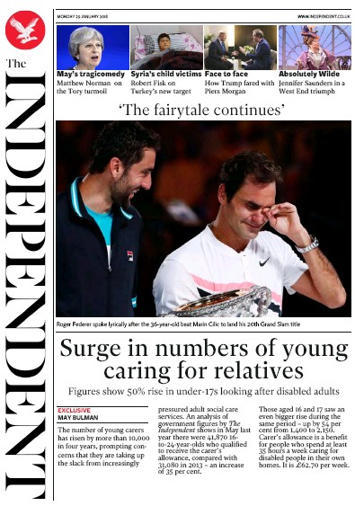 The Independent Newspaper Front Page (UK) for 29 January 2018