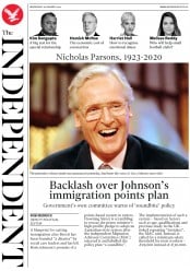 The Independent (UK) Newspaper Front Page for 29 January 2020