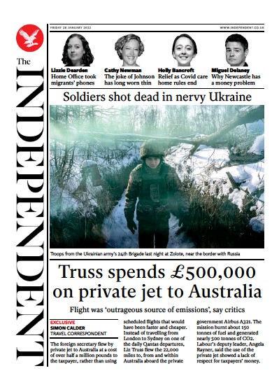 The Independent Newspaper Front Page (UK) for 29 January 2022