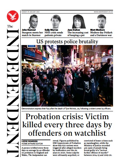 The Independent Newspaper Front Page (UK) for 29 January 2023