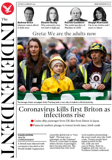 The Independent Newspaper Front Page (UK) for 29 February 2020
