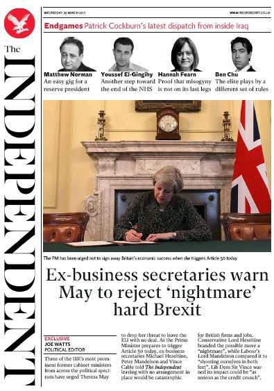 The Independent Newspaper Front Page (UK) for 29 March 2017