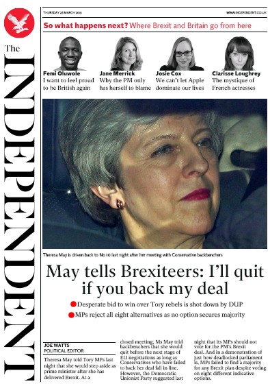 The Independent Newspaper Front Page (UK) for 29 March 2019