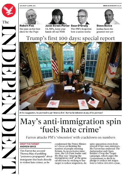 The Independent Newspaper Front Page (UK) for 29 April 2017
