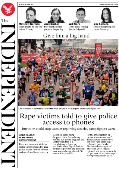 The Independent Newspaper Front Page (UK) for 29 April 2019