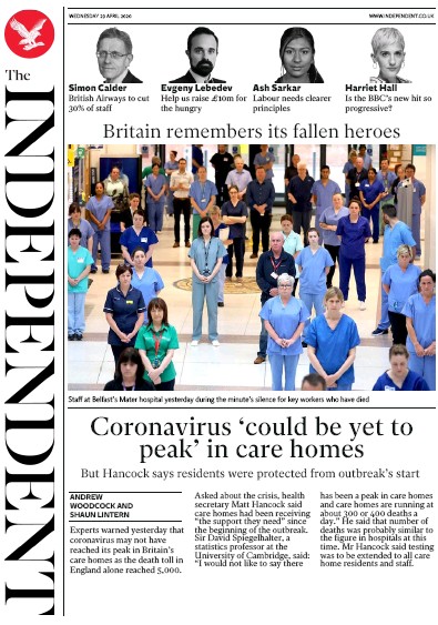 The Independent Newspaper Front Page (UK) for 29 April 2020