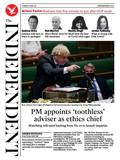 The Independent Newspaper Front Page (UK) for 29 April 2021