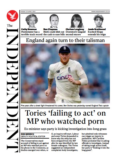 The Independent Newspaper Front Page (UK) for 29 April 2022