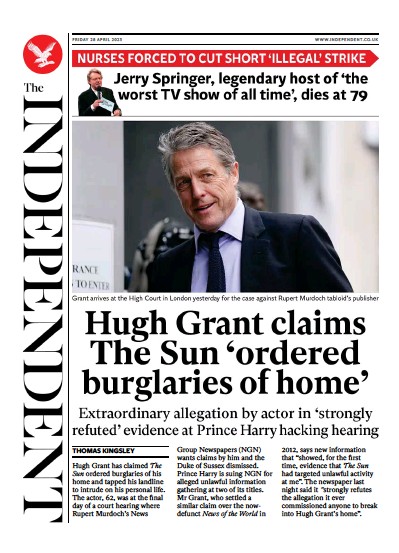 The Independent Newspaper Front Page (UK) for 29 April 2023