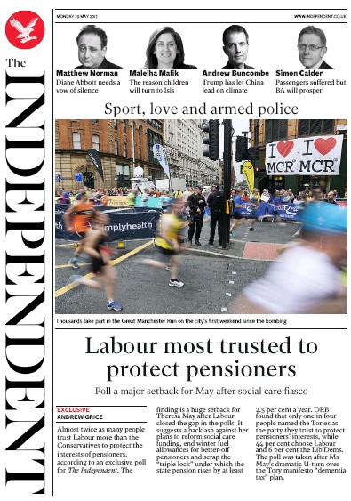 The Independent Newspaper Front Page (UK) for 29 May 2017