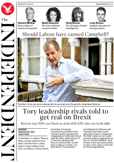 The Independent Newspaper Front Page (UK) for 29 May 2019