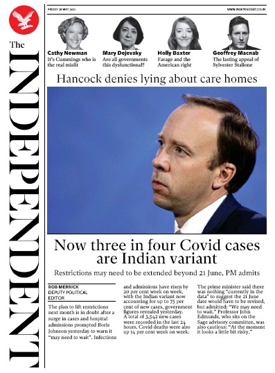 The Independent Newspaper Front Page (UK) for 29 May 2021