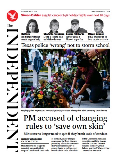 The Independent Newspaper Front Page (UK) for 29 May 2022