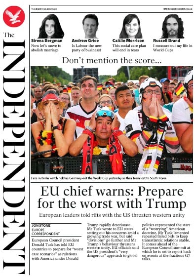 The Independent Newspaper Front Page (UK) for 29 June 2018