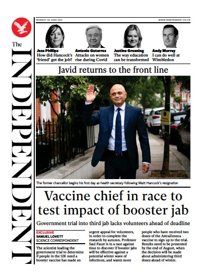 The Independent Newspaper Front Page (UK) for 29 June 2021