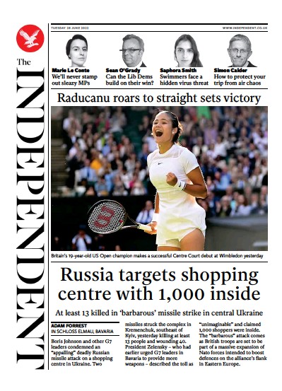 The Independent Newspaper Front Page (UK) for 29 June 2022