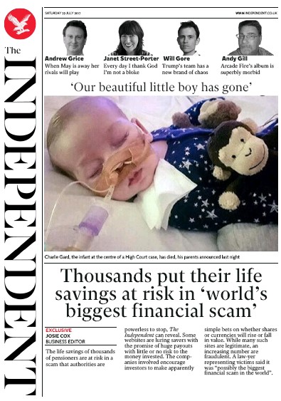 The Independent Newspaper Front Page (UK) for 29 July 2017