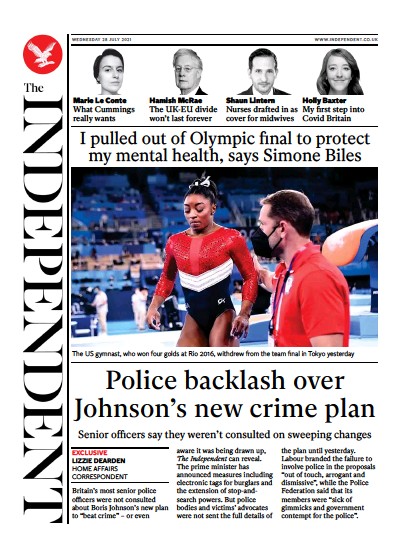The Independent Newspaper Front Page (UK) for 29 July 2021