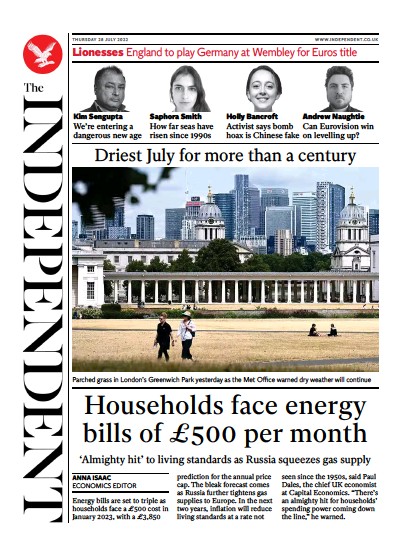 The Independent Newspaper Front Page (UK) for 29 July 2022