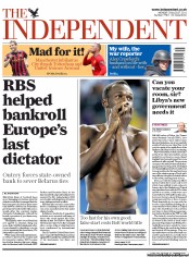 The Independent Newspaper Front Page (UK) for 29 August 2011