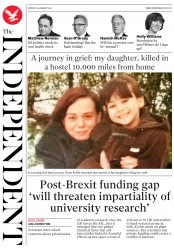 The Independent (UK) Newspaper Front Page for 29 August 2016