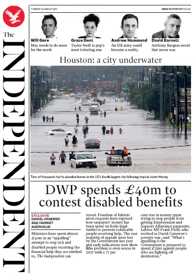 The Independent Newspaper Front Page (UK) for 29 August 2017