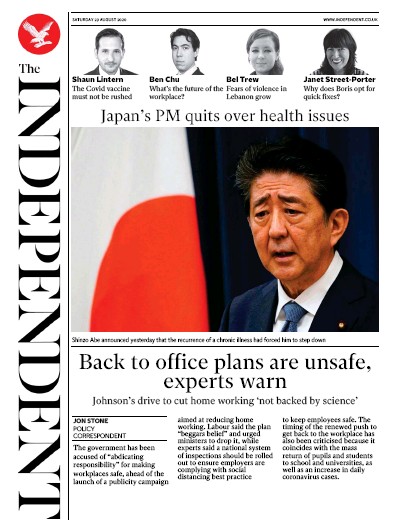 The Independent Newspaper Front Page (UK) for 29 August 2020