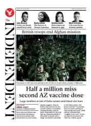 The Independent (UK) Newspaper Front Page for 29 August 2021