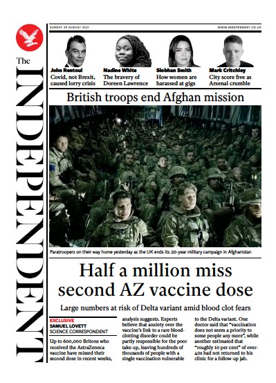 The Independent Newspaper Front Page (UK) for 29 August 2021