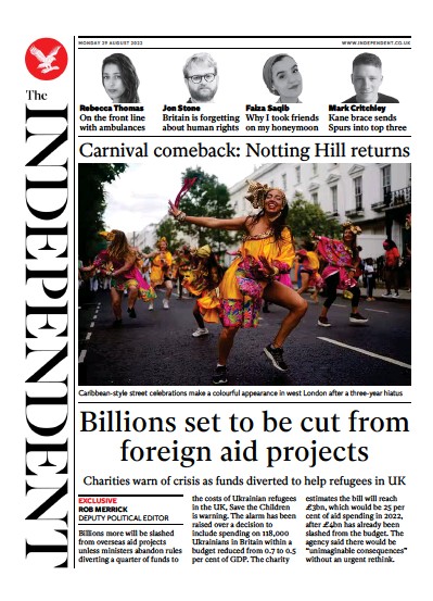 The Independent Newspaper Front Page (UK) for 29 August 2022