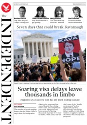 The Independent (UK) Newspaper Front Page for 29 September 2018