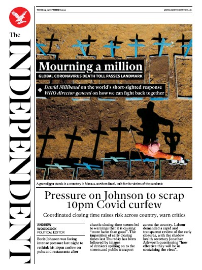 The Independent Newspaper Front Page (UK) for 29 September 2020