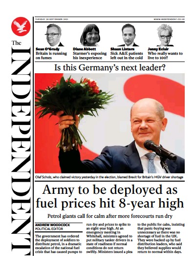 The Independent Newspaper Front Page (UK) for 29 September 2021