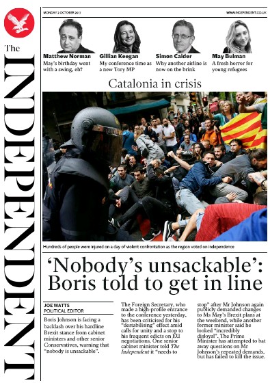 The Independent Newspaper Front Page (UK) for 2 October 2017