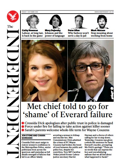 The Independent Newspaper Front Page (UK) for 2 October 2021