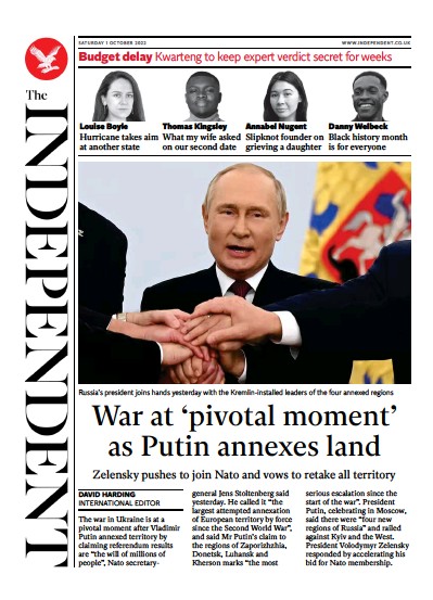The Independent Newspaper Front Page (UK) for 2 October 2022