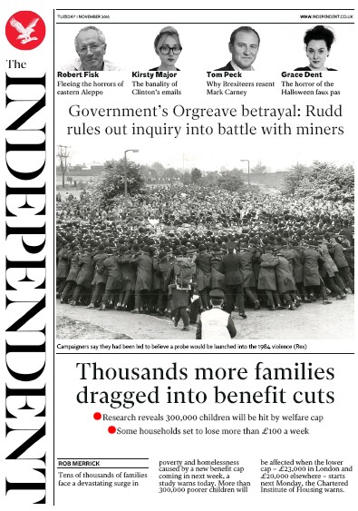 The Independent Newspaper Front Page (UK) for 2 November 2016