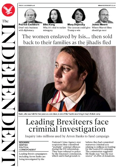 The Independent Newspaper Front Page (UK) for 2 November 2018